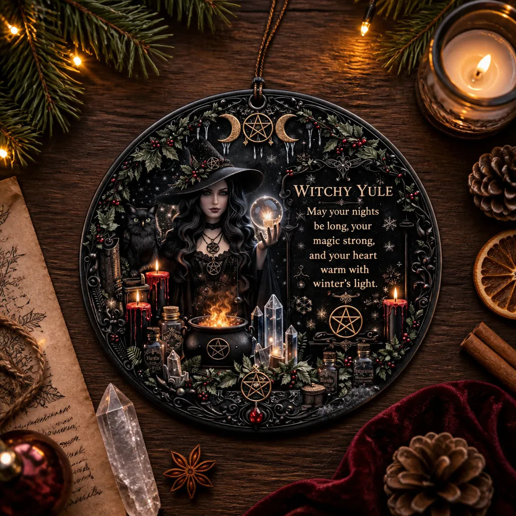 Halloween Style Yule Witch Ceramic Ornament – Gothic Christmas Tree Decor Dark Christmas Ornament_mockup_3.webp