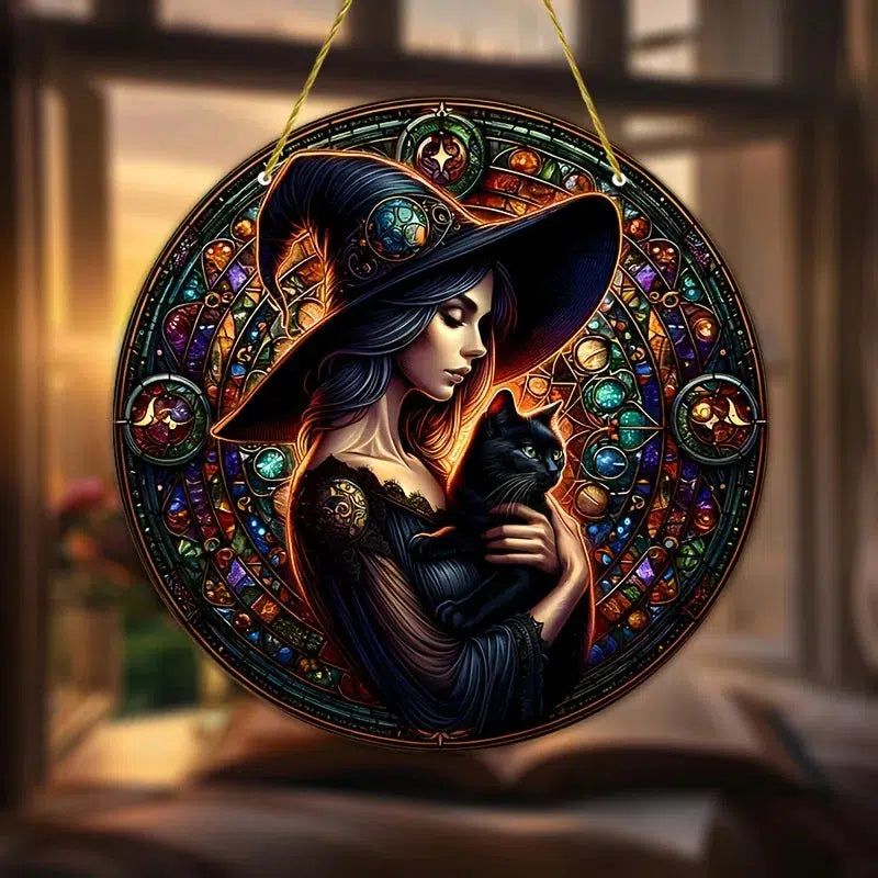 Halloween Suncatcher Black Cat Witch Acrylic Sign-MoonChildWorld