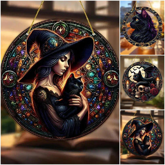 Halloween Suncatcher Black Cat Witch Acrylic Sign-MoonChildWorld