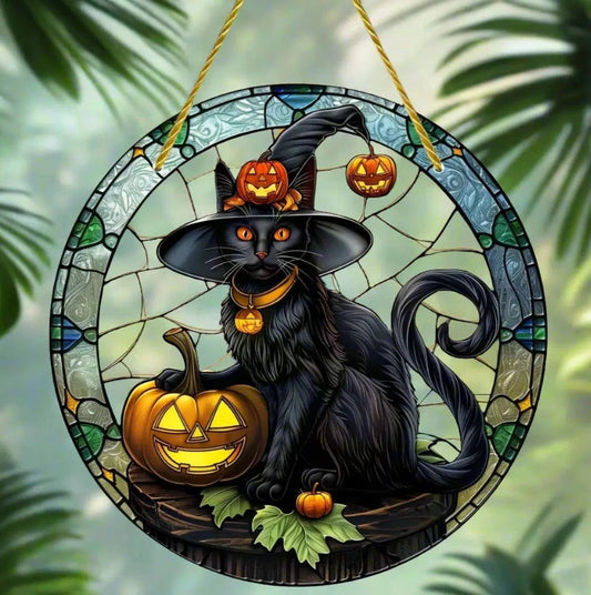 Halloween Suncatcher Magic Black Cat Acrylic Round Sign-MoonChildWorld