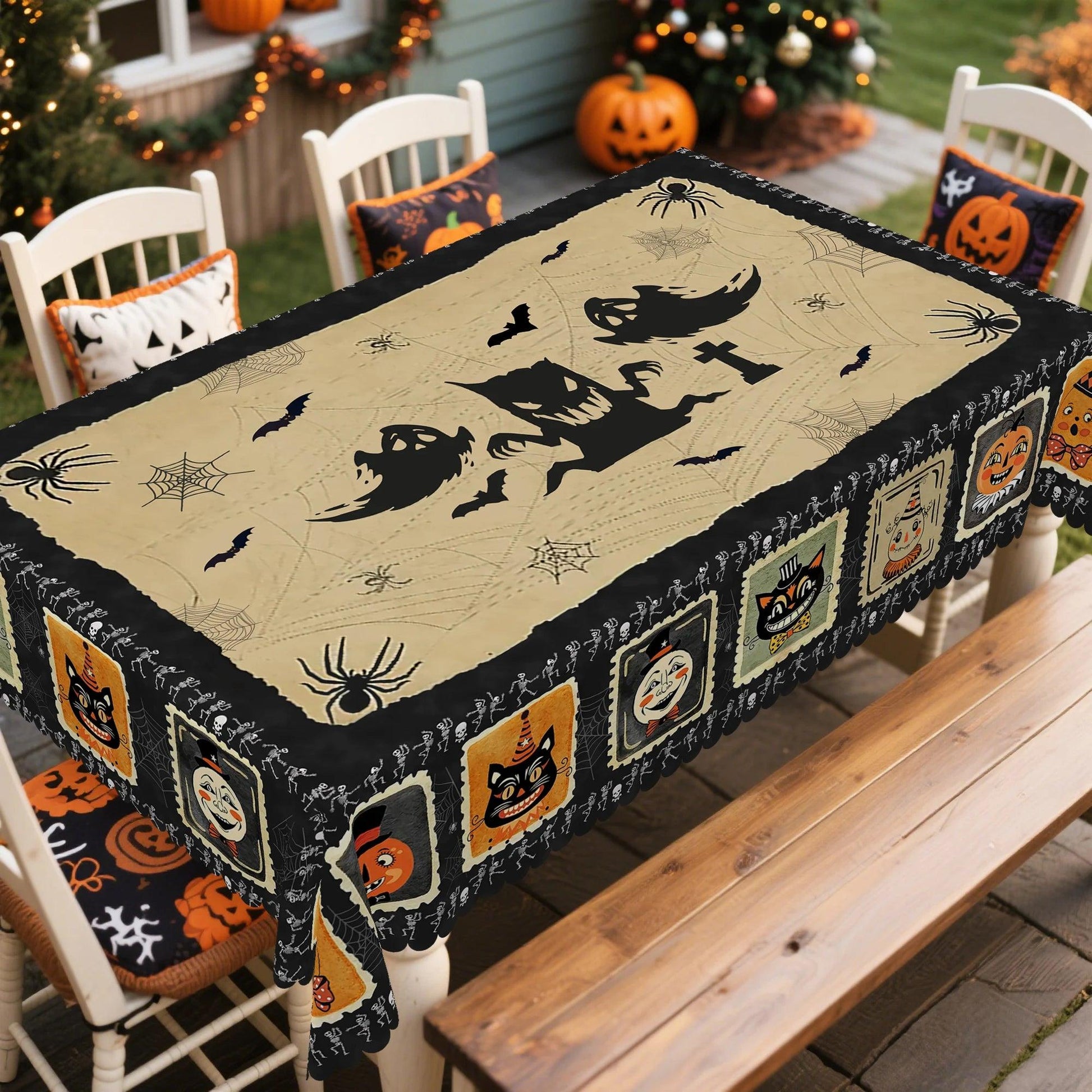 Halloween Tablecloth Black Cats, Skulls, and Ghost Patterns Spooky Witch Table Decoration-MoonChildWorld
