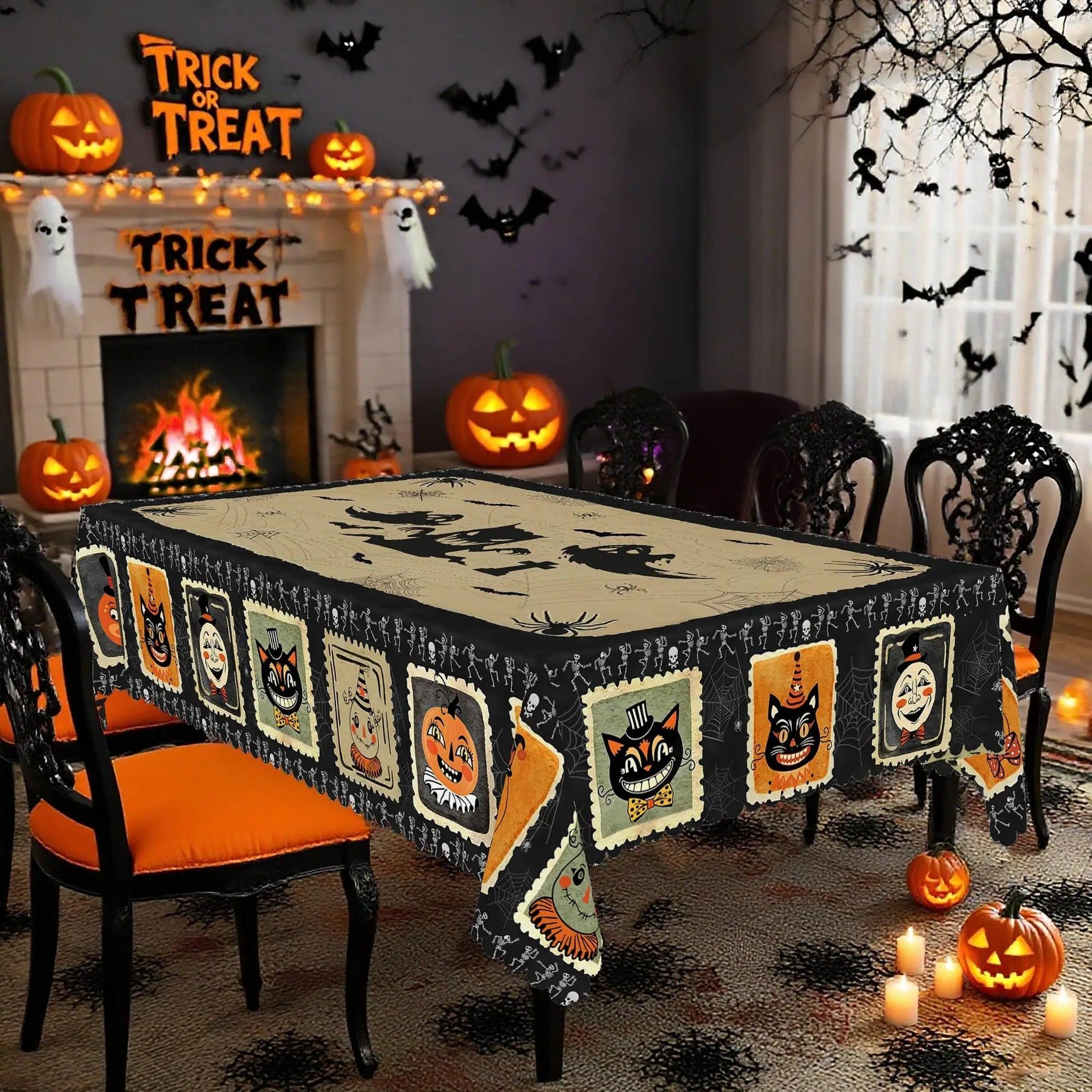 Halloween Tablecloth Black Cats, Skulls, and Ghost Patterns Spooky Witch Table Decoration-MoonChildWorld