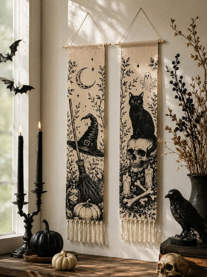 Halloween witch hat and black cat skull tapestry set with bats and candles decor