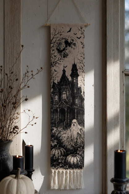 Halloween haunted house tapestry hanging with black candles and white pumpkin