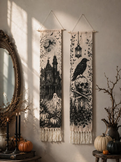 Halloween haunted house and crow skull tapestries hanging on wall near mirror and candles