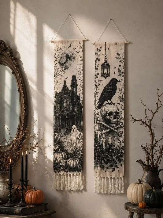 Halloween haunted house and crow skull tapestries hanging on wall near mirror and candles