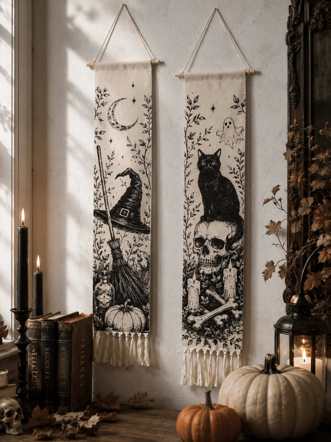 Halloween witch hat and black cat tapestries near books and candlelight autumn decor