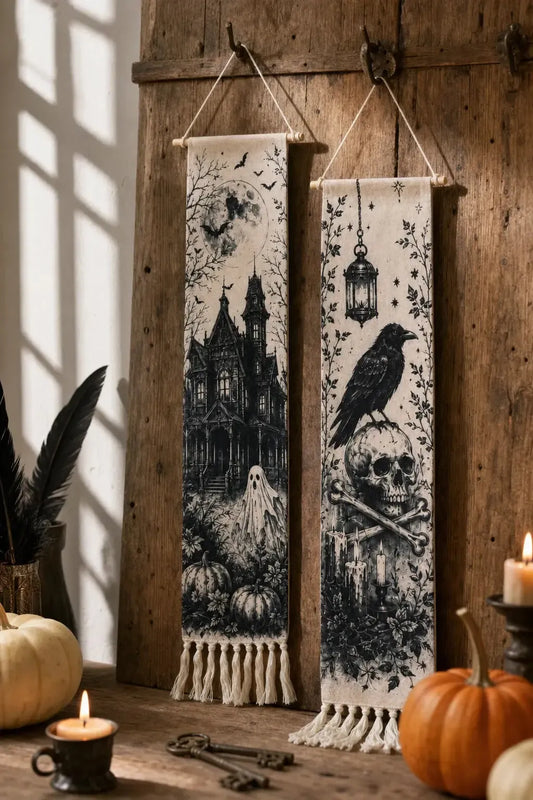 Halloween tassel wall tapestry set - haunted house and crow skull designs with pumpkins