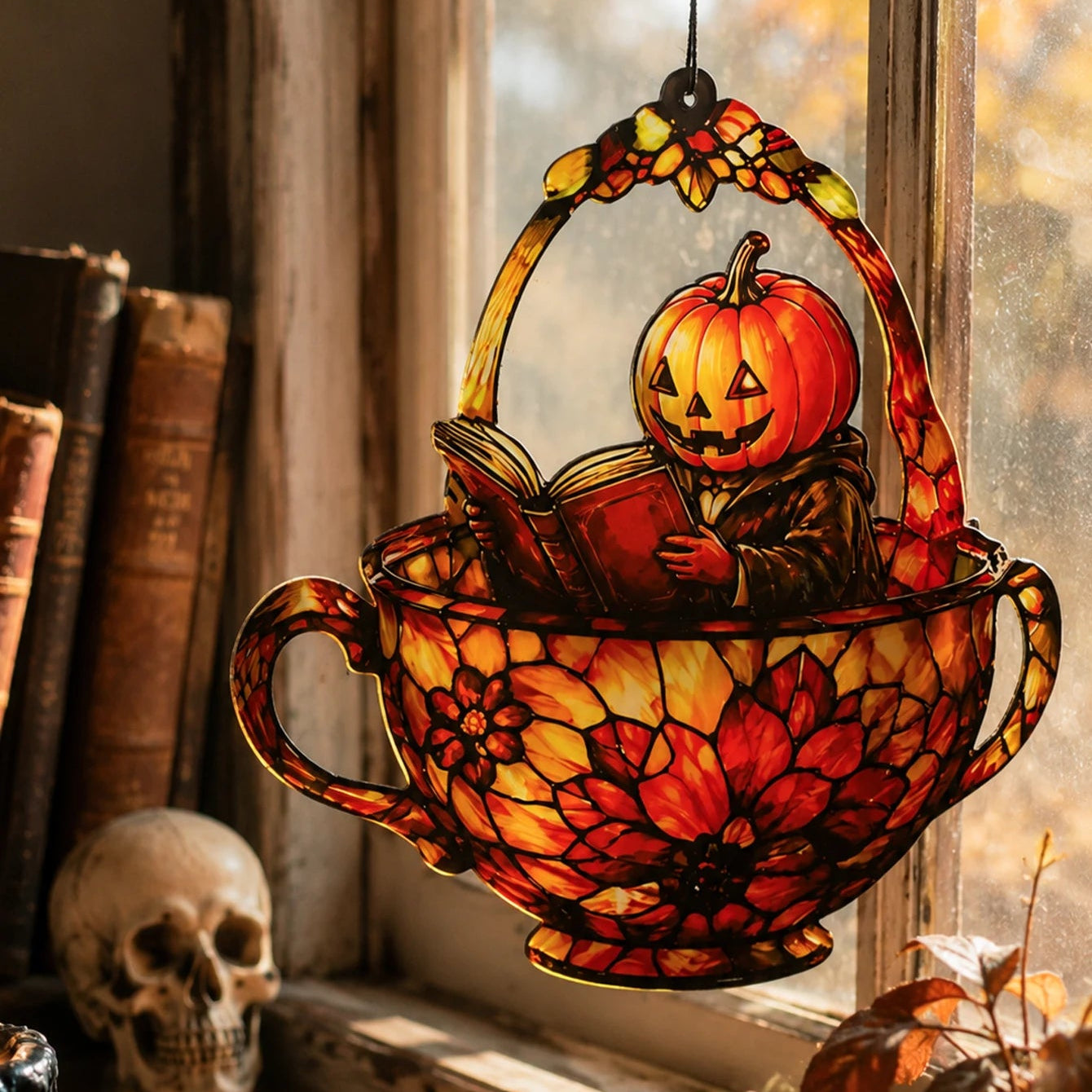 Halloween pumpkin man teacup suncatcher by window with skull and vintage books