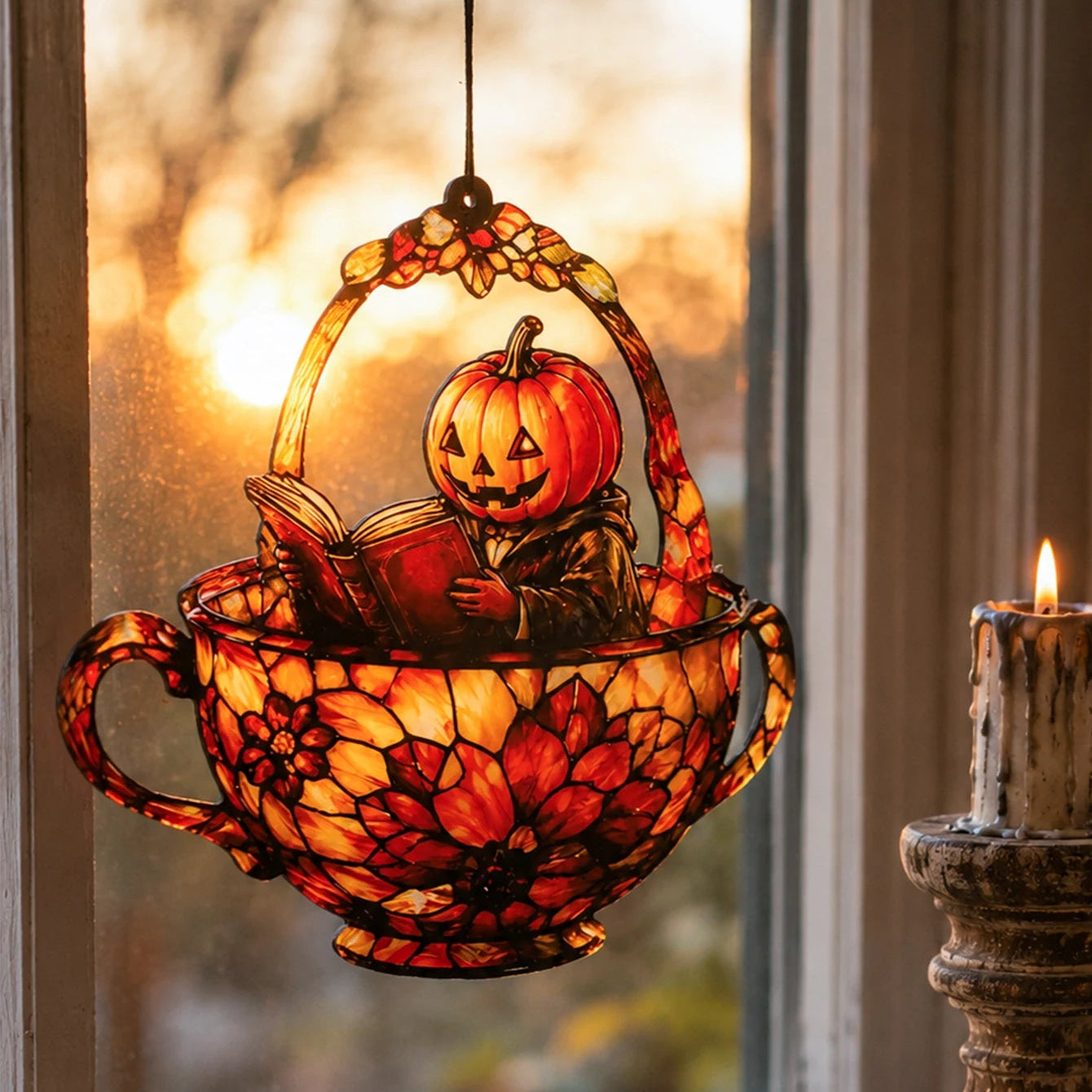 Halloween pumpkin man teacup suncatcher glowing at sunset window with lit candle