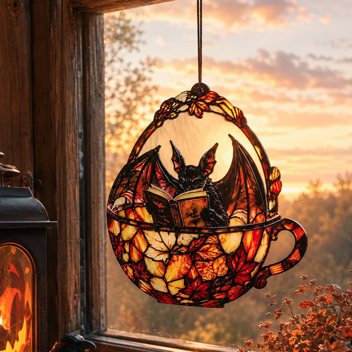 Halloween bat teacup suncatcher glowing at sunset window with lantern