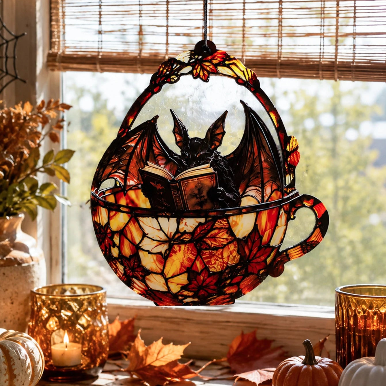 Halloween bat teacup suncatcher near window with candles and mini pumpkins