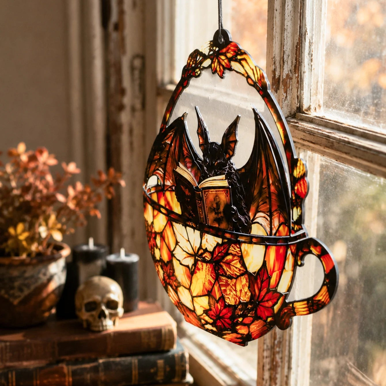 Halloween bat teacup suncatcher by old window with skull and candles