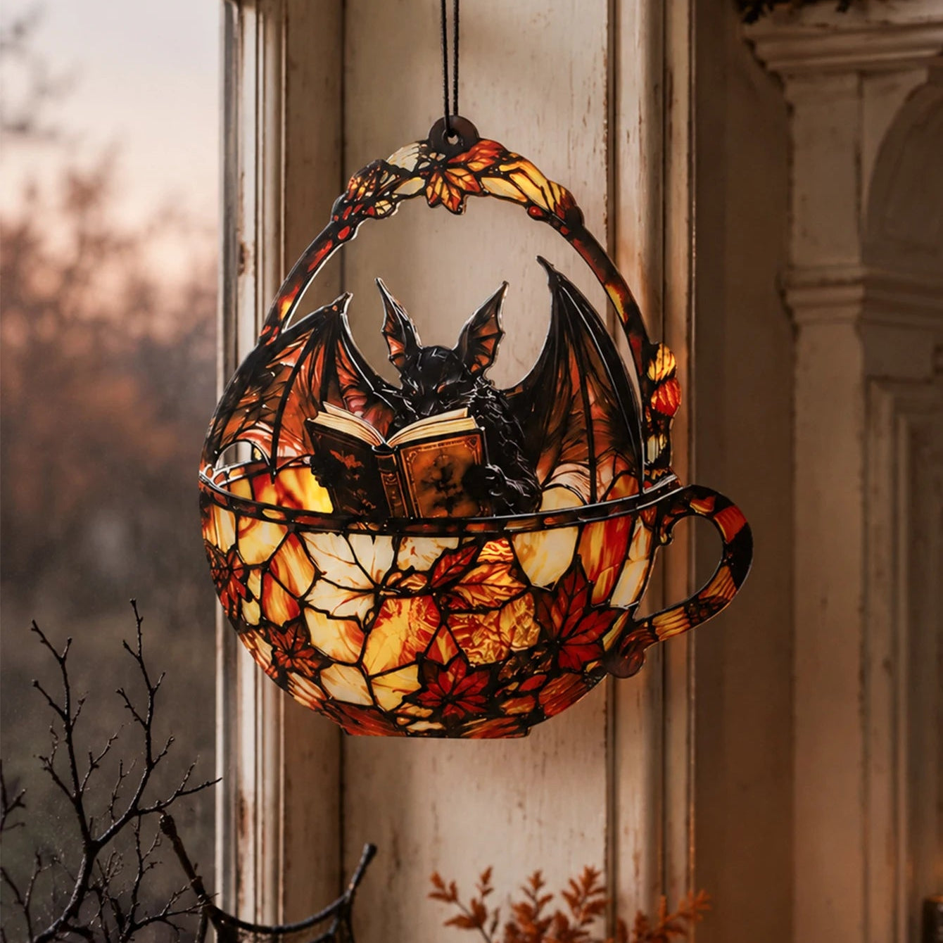 Halloween bat teacup suncatcher hanging by rustic window with bare branches