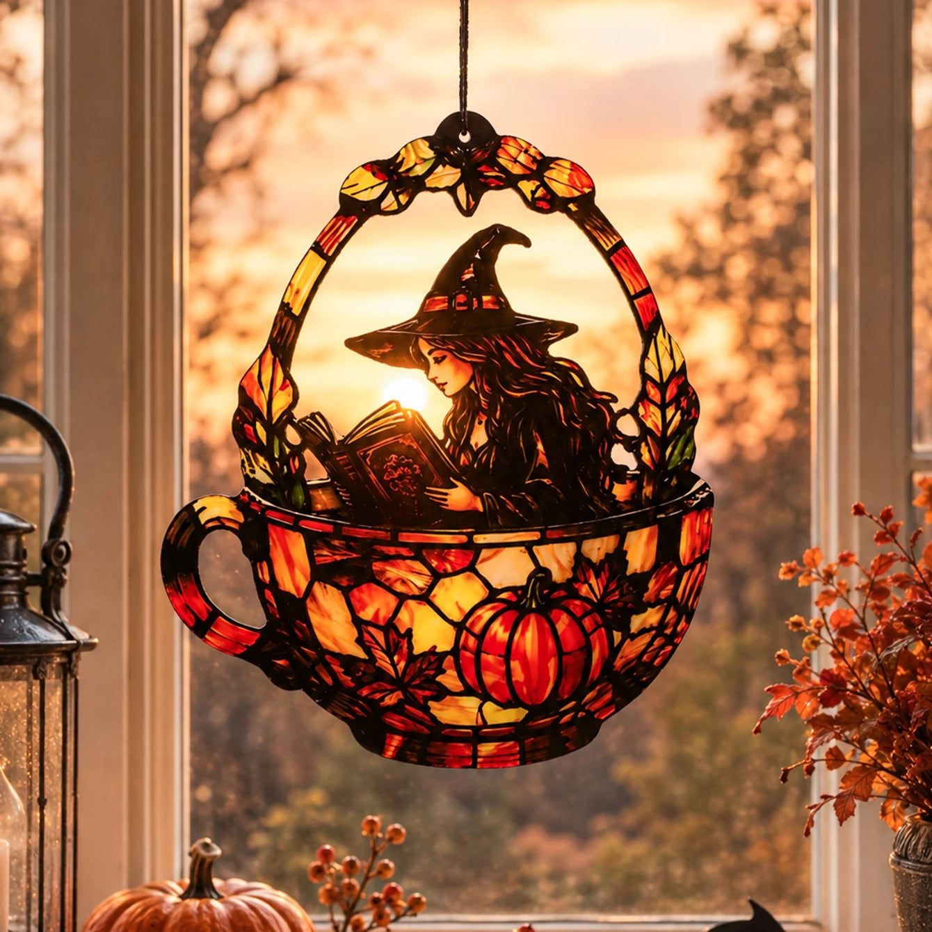 Halloween witch teacup stained glass suncatcher glowing at sunset window
