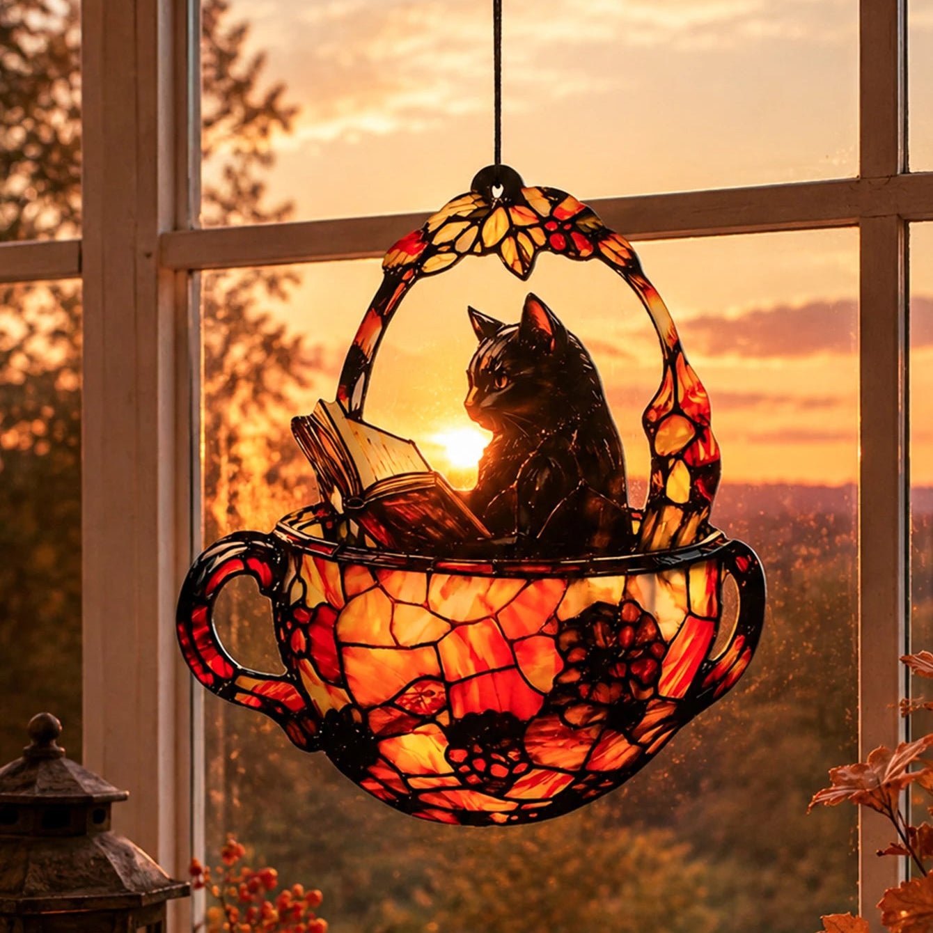 Halloween black cat teacup suncatcher silhouette glowing at sunset window