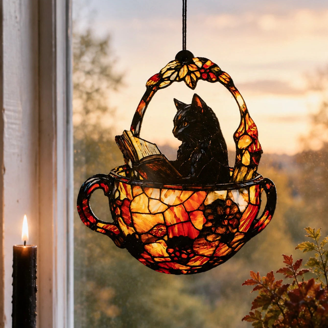 Halloween black cat teacup suncatcher hanging by window with candle at dusk
