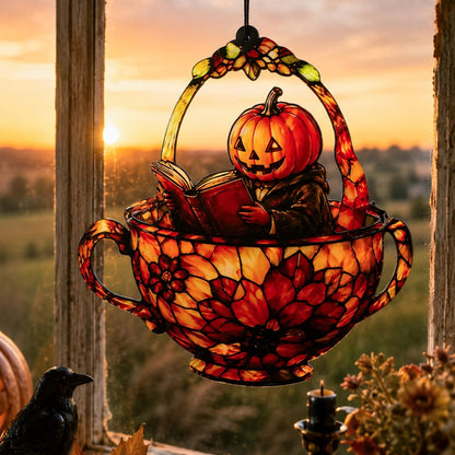 Halloween pumpkin man teacup suncatcher glowing at sunset with raven and pumpkins