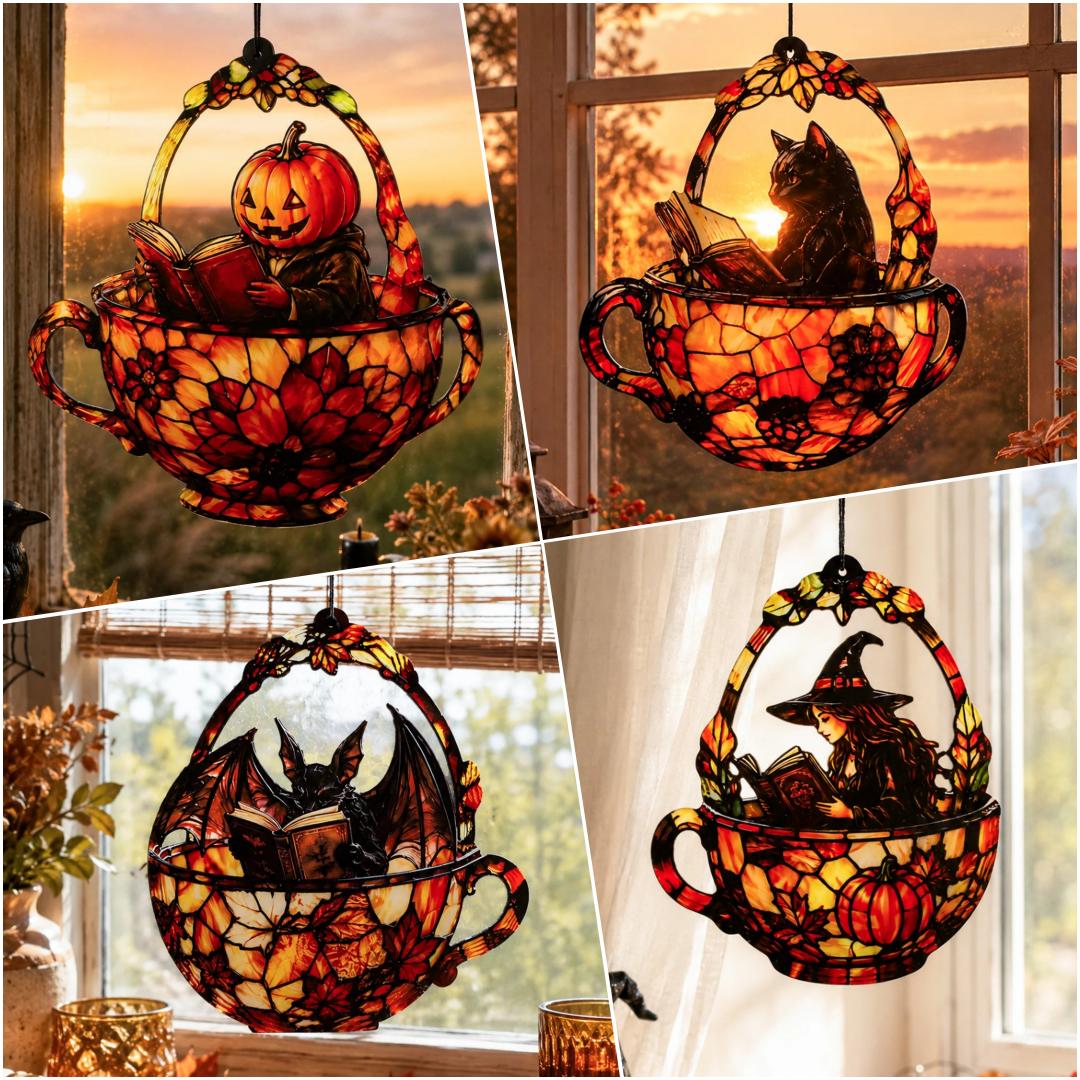 Halloween teacup suncatcher collage witch black cat pumpkin bat