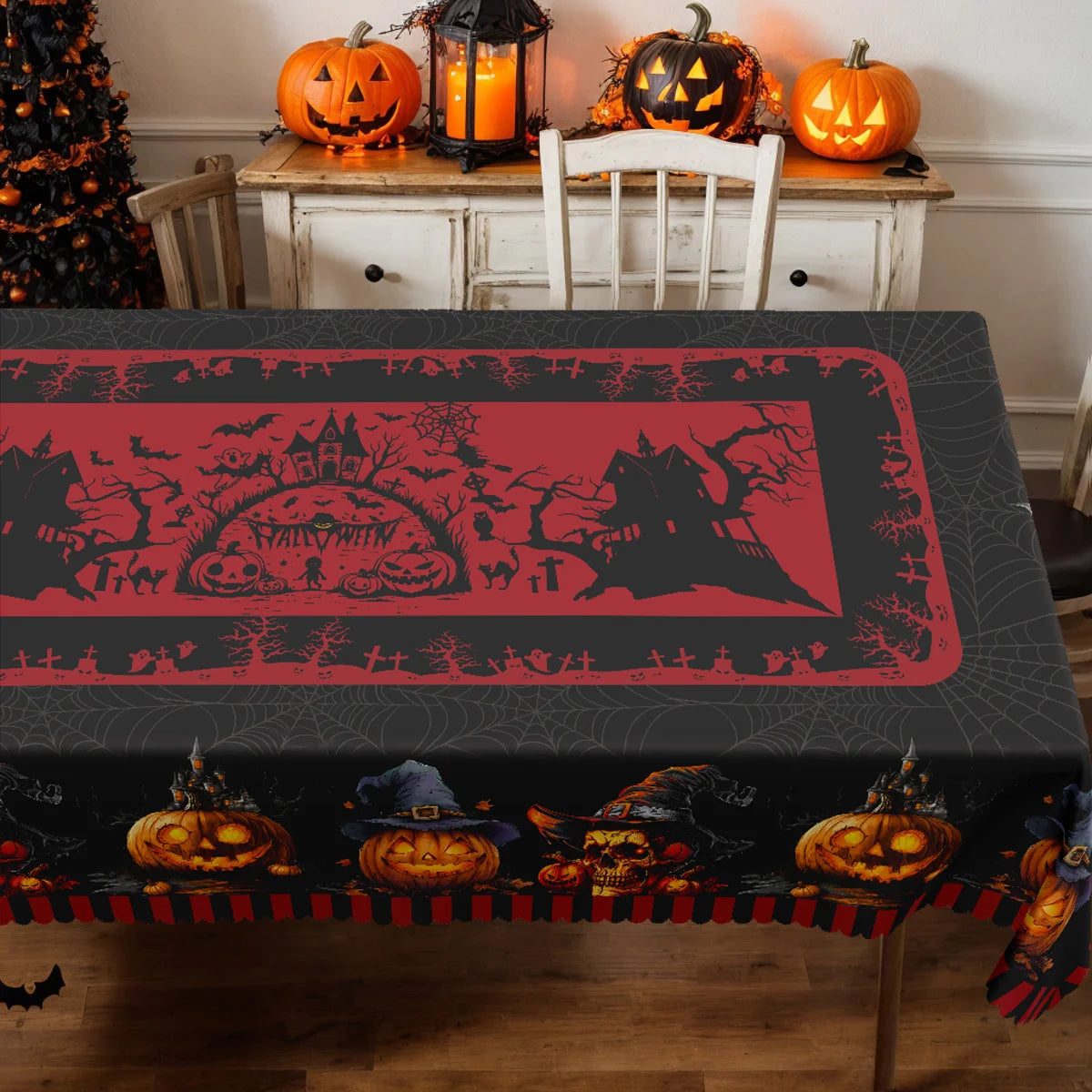 Halloween Theme Rectangle Tablecloth Spooky Dining Table Decor-MoonChildWorld