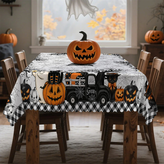 Halloween truck tablecloth with rustic pumpkin party decor