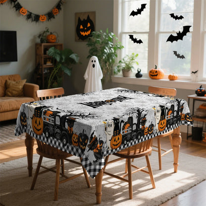 Halloween truck tablecloth with rustic pumpkin party decor