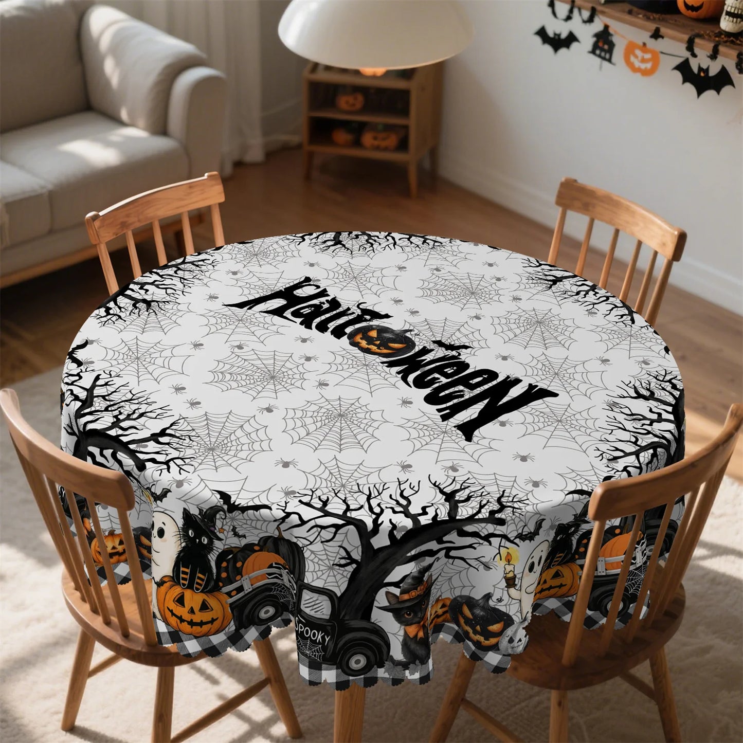 Halloween truck tablecloth with rustic pumpkin party decor