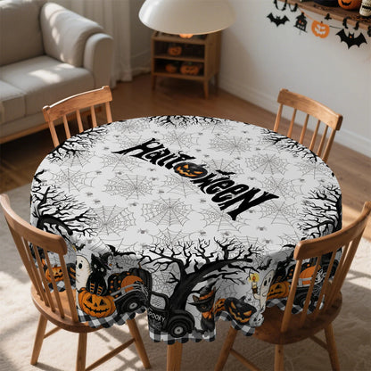 Halloween truck tablecloth with rustic pumpkin party decor