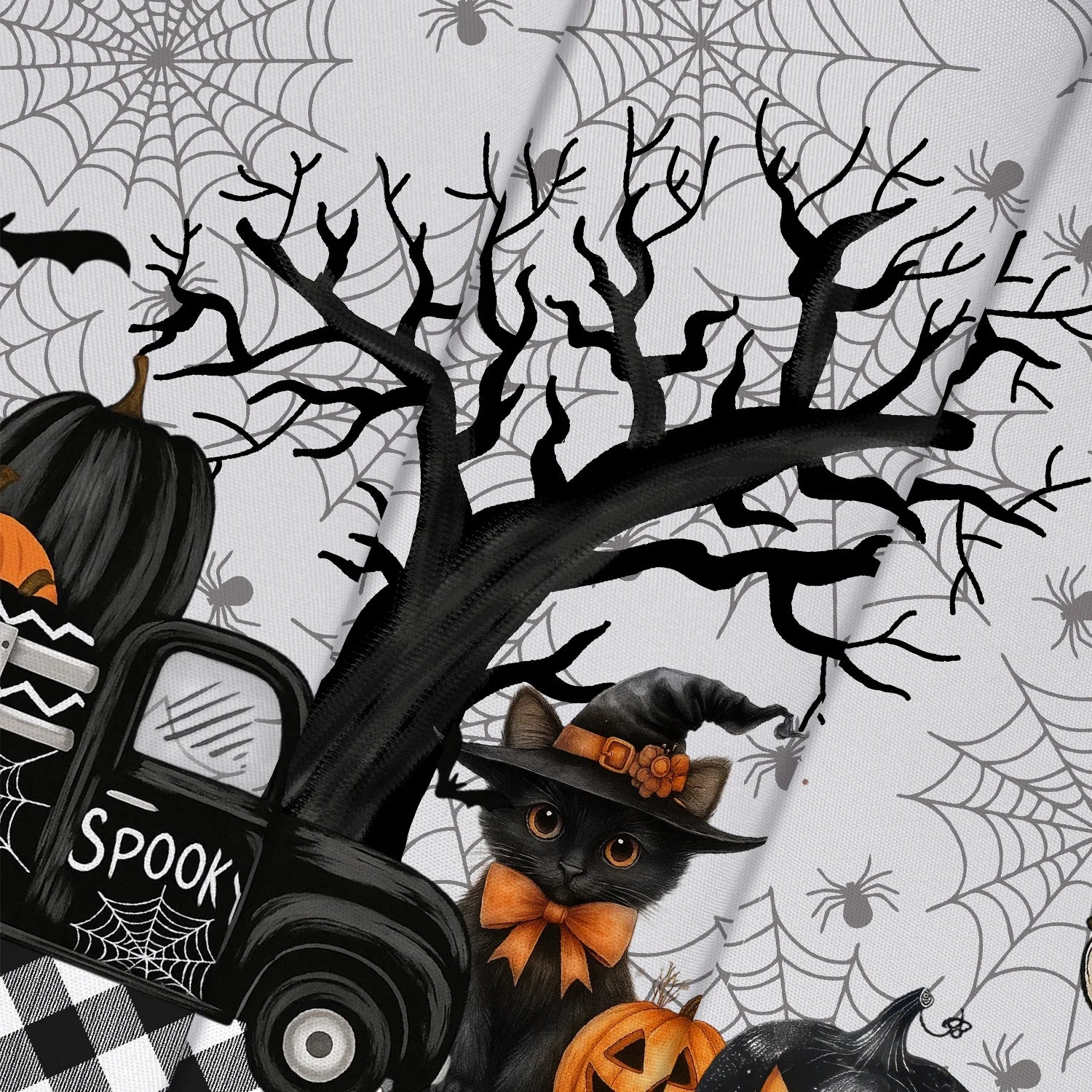 Halloween truck tablecloth with rustic pumpkin party decor