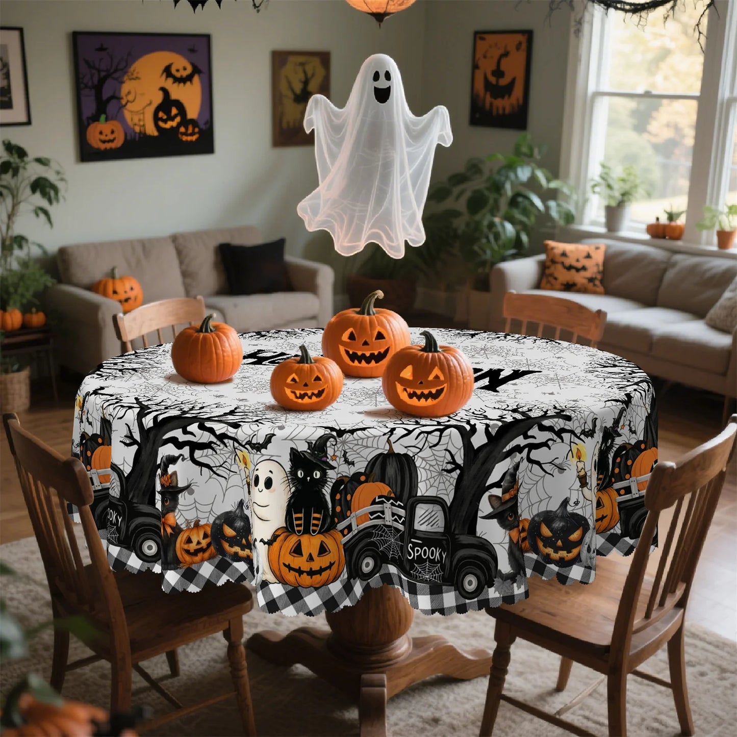 Halloween truck tablecloth with rustic pumpkin party decor
