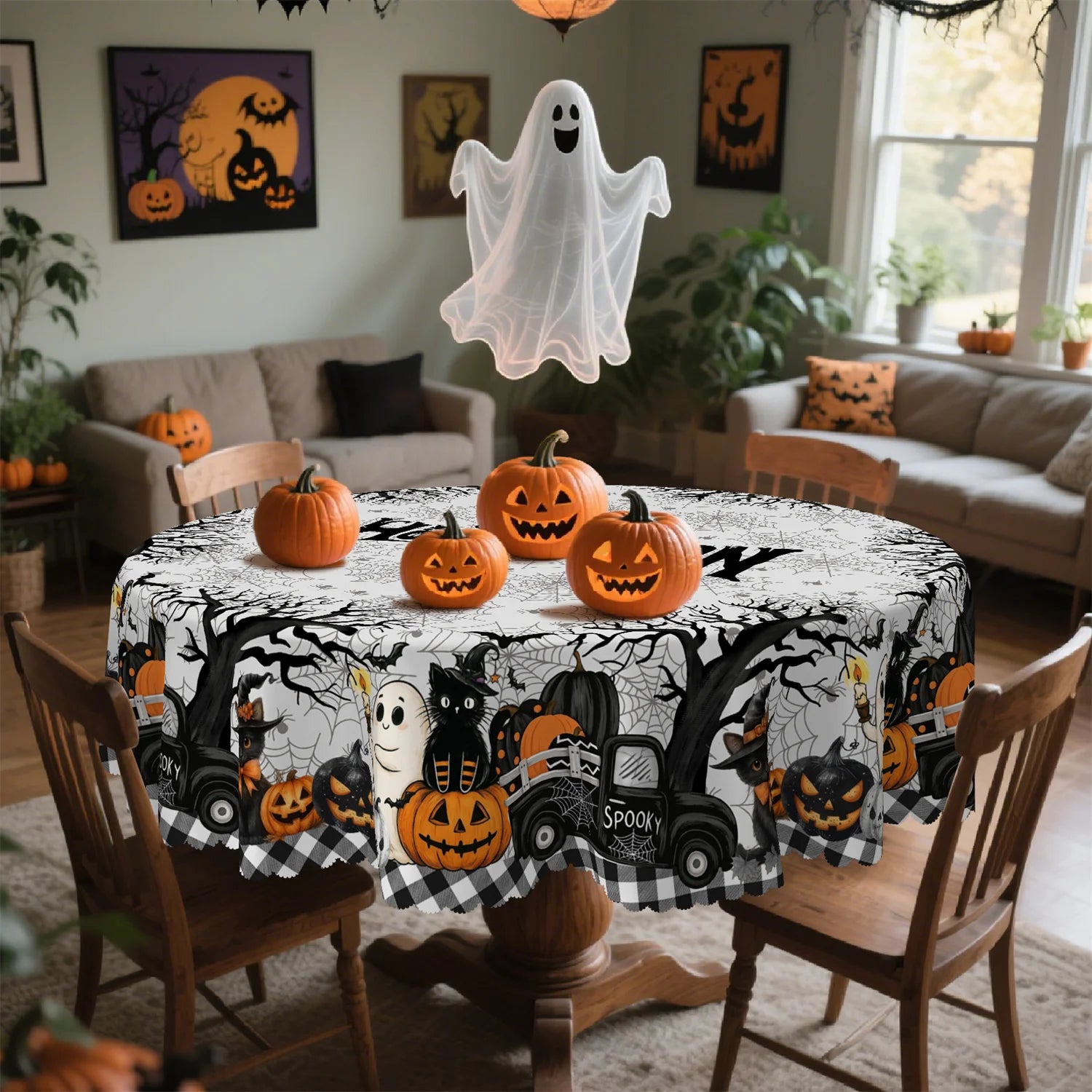 Halloween truck tablecloth with rustic pumpkin party decor
