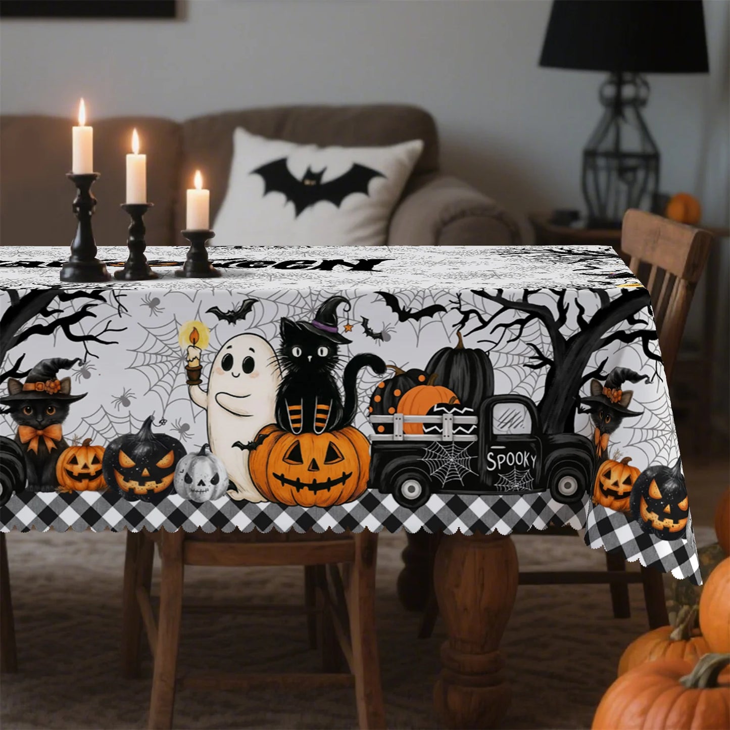 Halloween truck tablecloth with rustic pumpkin party decor