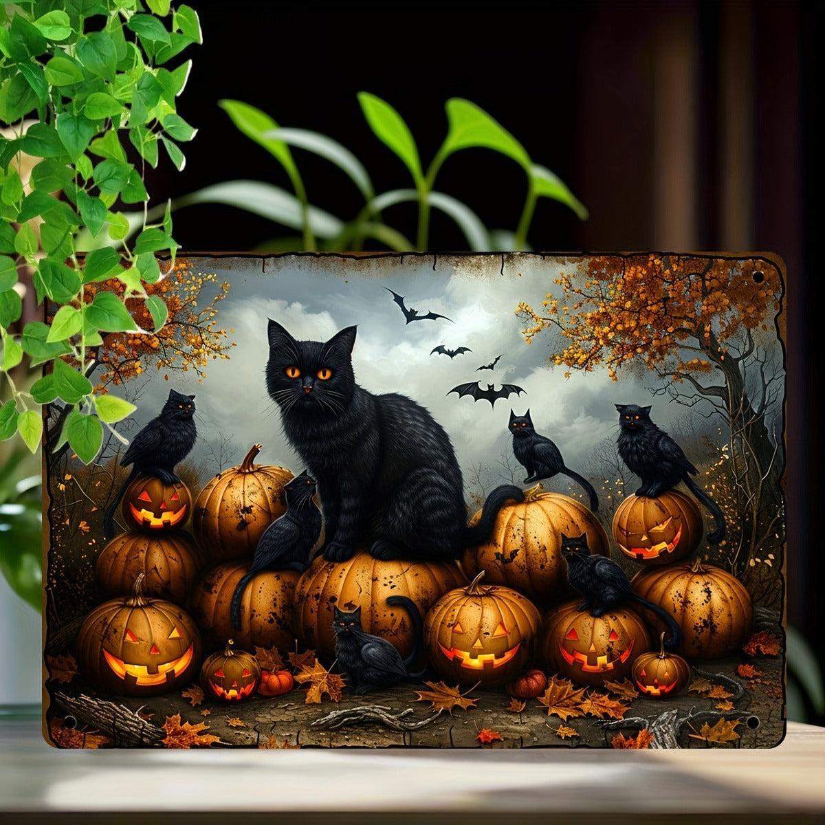 Halloween Wall Art Witchy Black Cat Metal Sign Spooky Home Decor-MoonChildWorld