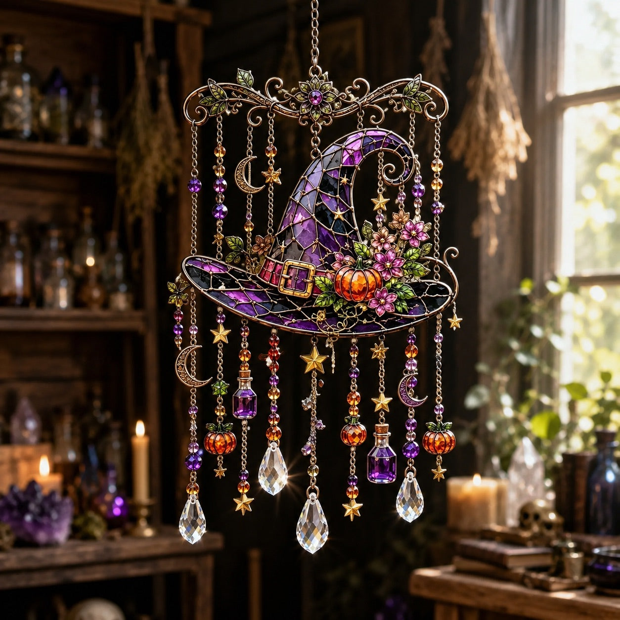 Halloween witch hat wind chime suncatcher with moon charms and potion bottles