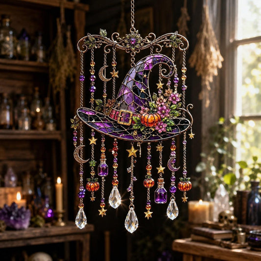 Halloween witch hat wind chime suncatcher with moon charms and potion bottles