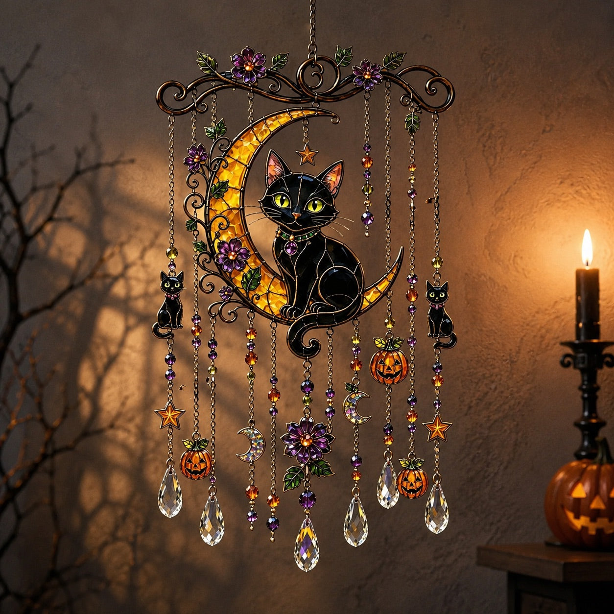 Halloween black cat crescent moon wind chime suncatcher with pumpkin charms
