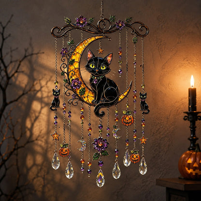 Halloween black cat crescent moon wind chime suncatcher with pumpkin charms