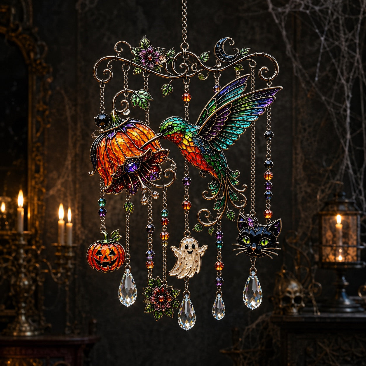 Halloween hummingbird wind chime suncatcher with pumpkin ghost and cat charms