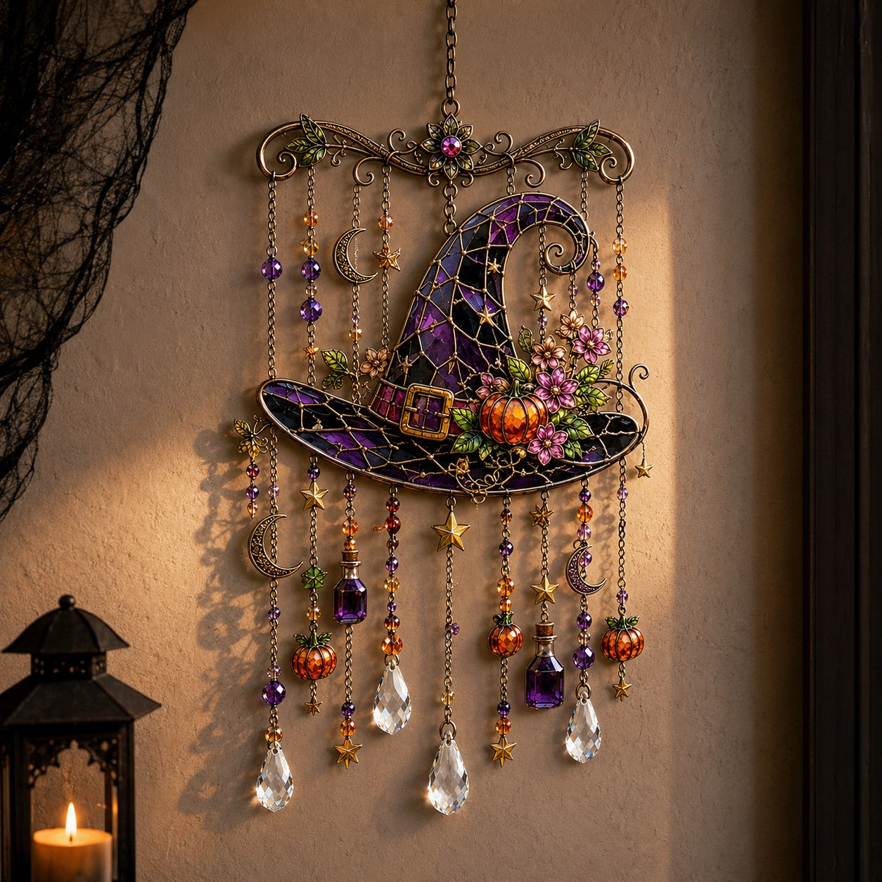 Halloween witch hat wind chime hanging on wall near lantern candle