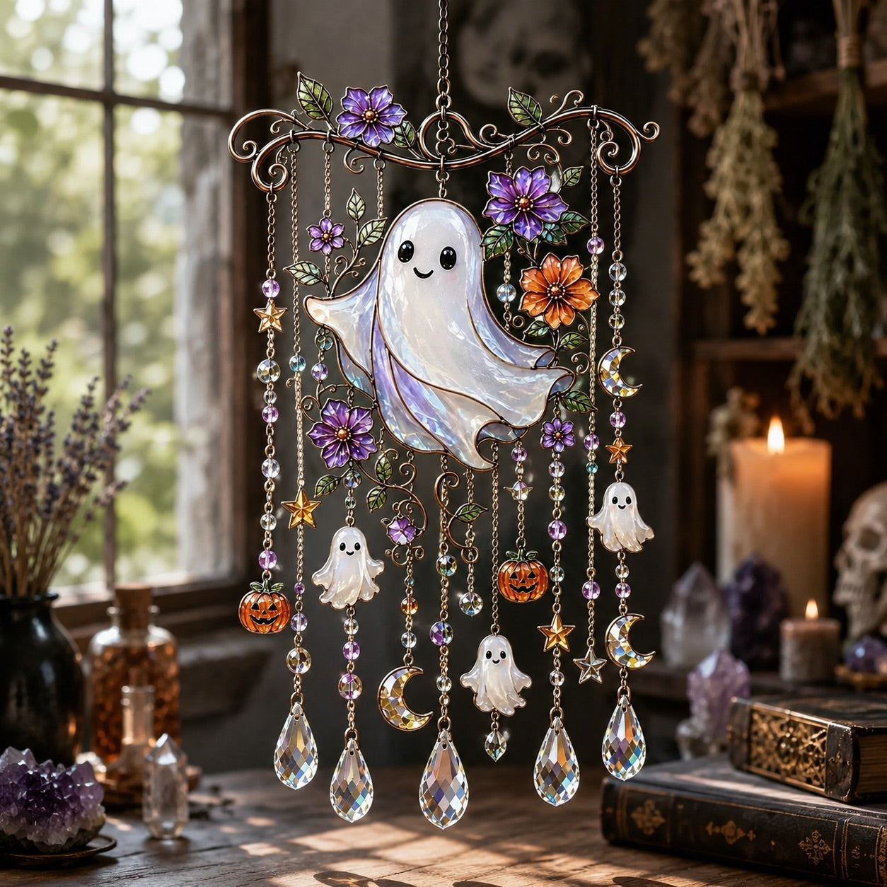 Halloween ghost wind chime suncatcher near window with potion bottles and crystals