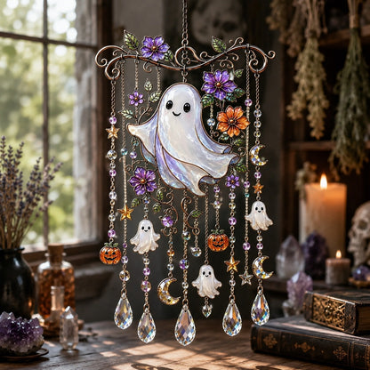 Halloween ghost wind chime suncatcher near window with potion bottles and crystals