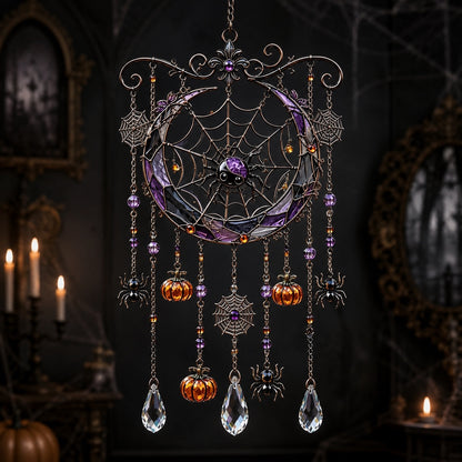 Halloween spider web crescent moon wind chime suncatcher with spiders and pumpkins