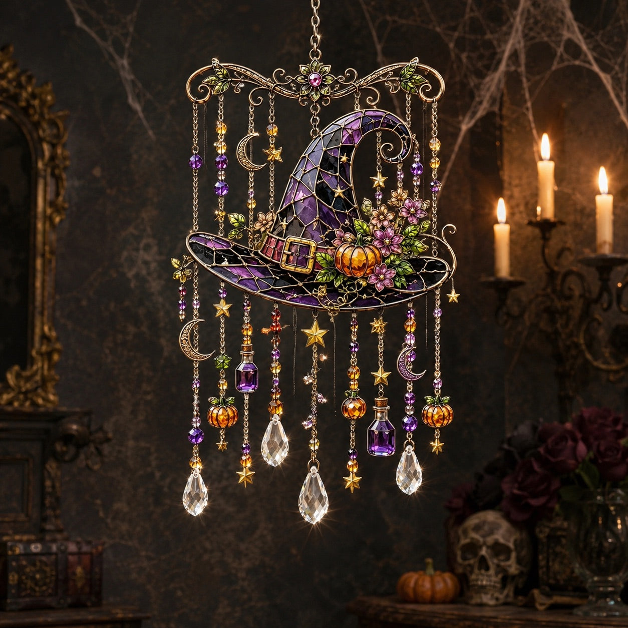 Halloween witch hat wind chime suncatcher with candelabra and skull decor