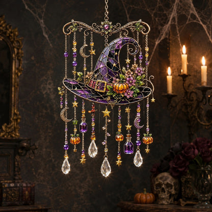 Halloween witch hat wind chime suncatcher with candelabra and skull decor