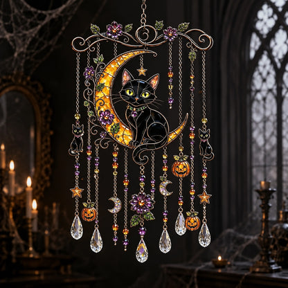 Halloween black cat crescent moon wind chime by gothic arched window