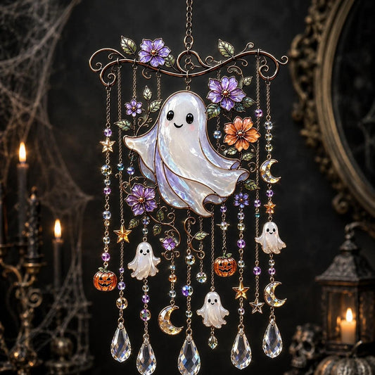 Halloween ghost wind chime suncatcher with flowers moons pumpkins and crystal drops