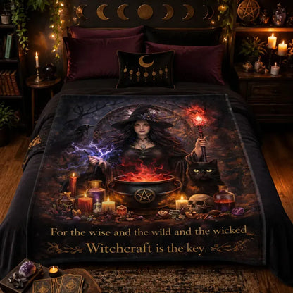 Halloween Witch Blanket with Gothic Skull, Black Cat, Raven for Wiccan_mockup_1.webp