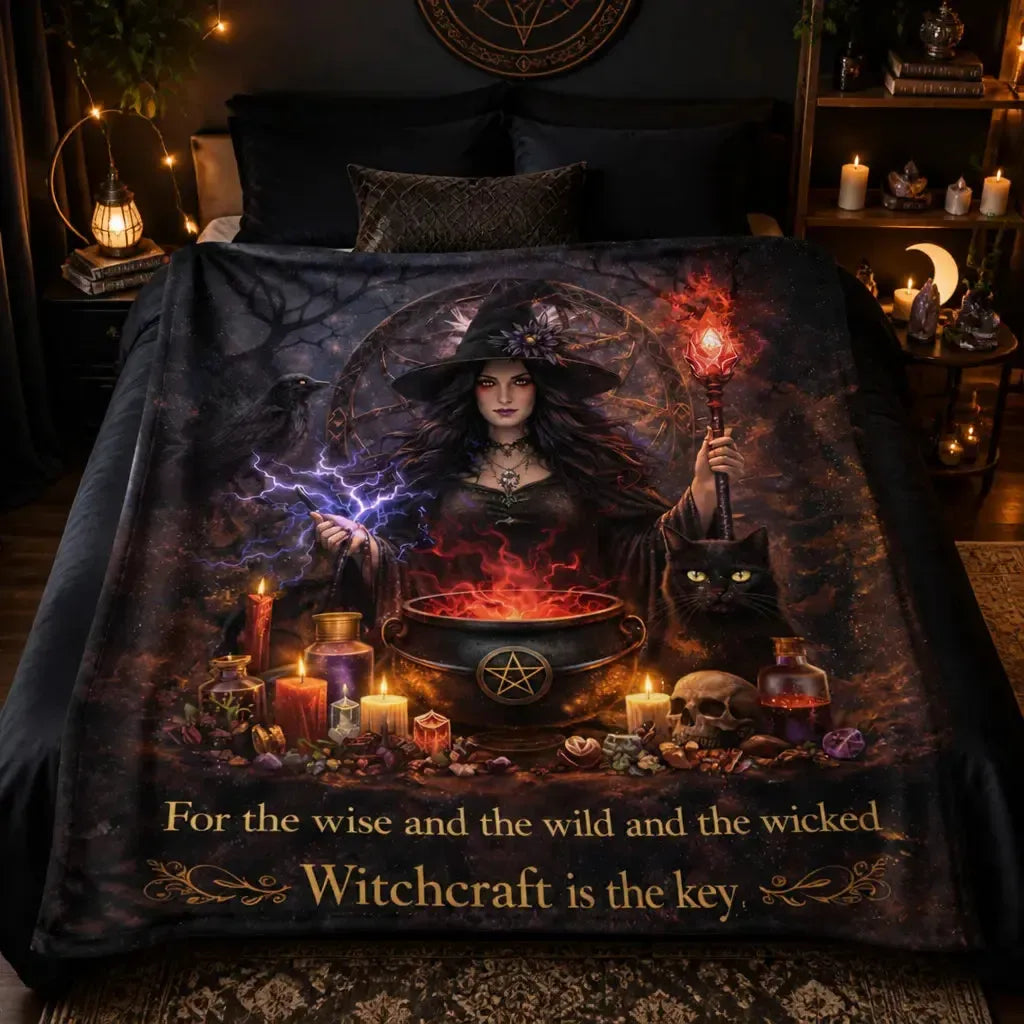 Halloween Witch Blanket with Gothic Skull, Black Cat, Raven for Wiccan_mockup_2.webp