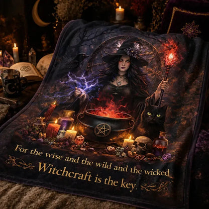 Halloween Witch Blanket with Gothic Skull, Black Cat, Raven for Wiccan_mockup_3.webp