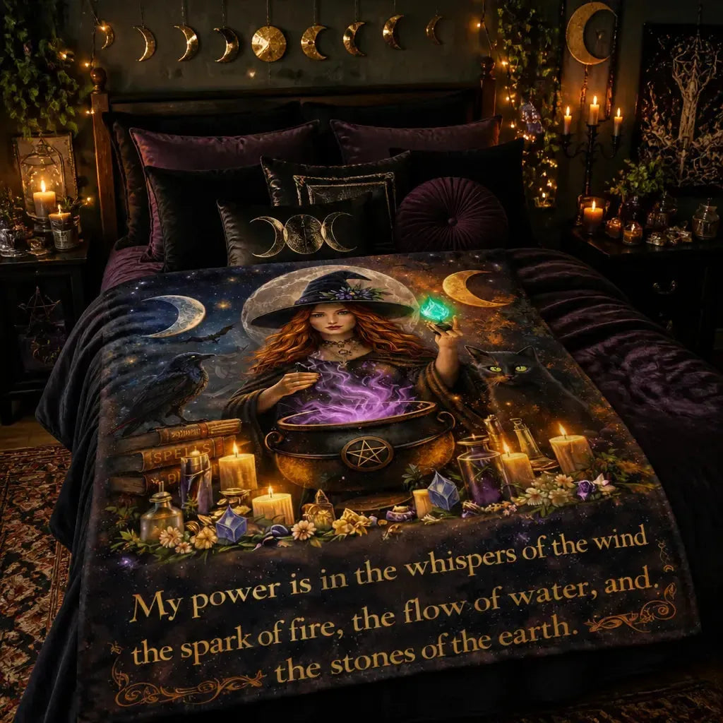 Halloween Witch Blanket with Triple Moon, Black Cat, Raven for Wiccan_mockup_1.webp